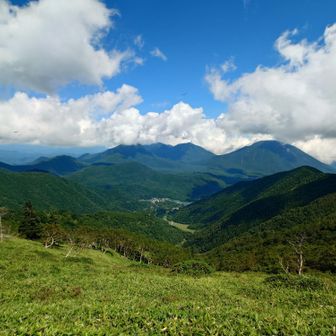 遠くに、小さく、湯ノ湖と湯元の町並みが見えます