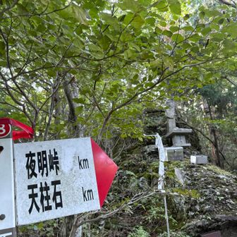 看板の左側を撮りたかったのに…
赤い文字で「ここは刀掛」

ここで小休止

休憩してると 途中で追い越した
ソロの女性が追い付きてきました

とっても重そうなザックに
首からコンパスをぶらさげ
地図を持って歩いてます

テン泊かと聞くと
地図も荷物も練習だそうです

彼女も予定時間10時間
ここから夜明峠まで
ほとんど同じペースで
抜きつ抜かれつ歩きました
