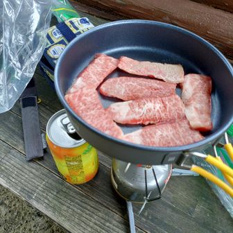 当初の予定では本日の昼に双子池ヒュッテでテントを張ってゆっくり食べる予定だったお肉🍖🍺
悲しくも日帰り登山となり残しておくわけにもいかずここで食べることに😓
良く考えたらここは駐車場の直ぐ側でわざわざ担いでくる必要が無く車においておけば良かった。ここまで消費したのは水　500l弱。それなのに肉、バーナー類、水2000ml、チューハイなどなど担いでたわ🤣
