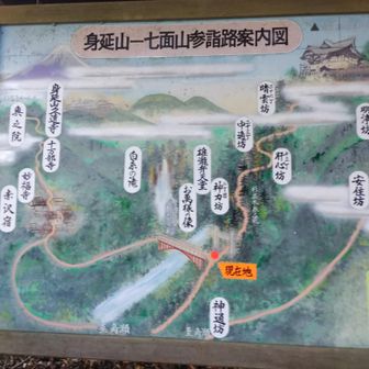 赤い羽衣橋を渡り👟七面山登山口にある案内図🥰