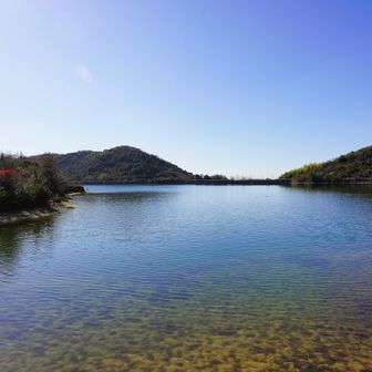 平荘湖の最初の写真は西側の狭いエリアで、左手は浮島の「一ッ山」です。（浮島と言っても南側で湖岸と繋がっていますが）