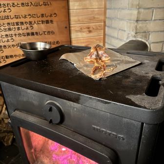 立派なストーブ。薪を入れて30度近くまであったかくなりました⸜(●˙꒳˙●)⸝ﾎﾟｶﾎﾟｶ
ストーブの上でするめをあぶってみる🔥