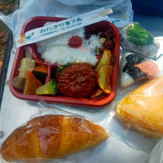 出町柳のおにぎり屋の弁当、おにぎりと志津屋のパン。