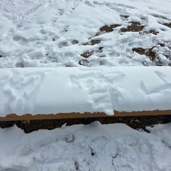 ベンチに誰かが書いた初雪山