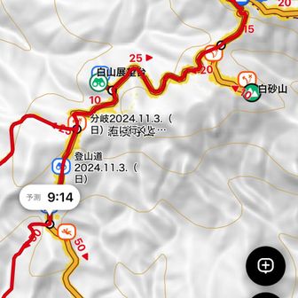 少し先のYAMAPの地図がおかしい。ルート予定の道の一部が黄色くなってない！計画は間違ってないのに、もしかして通行止めになってるとか？！大丈夫と思うけど、万が一あそこまで登って山頂まで行けなかったらショックが大きいので、逆に変更。