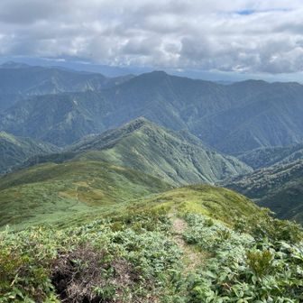 オツボ峰(1641m)
これから1000m激降り
その後、一気に地獄の急登600m
ここの降りは場所によって足場が乏しく濡れ濡れで危険⚠️
(6〜7回滑り台🛝 ケツに穴あくは、洗濯しても落ちないは😫)