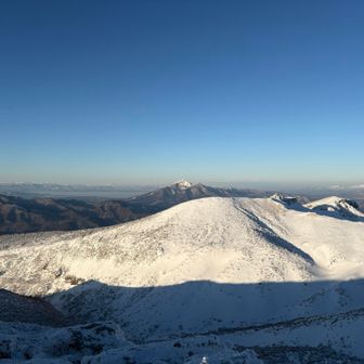 船明神の後は磐梯山、猪苗代湖、右奥は飯豊連峰