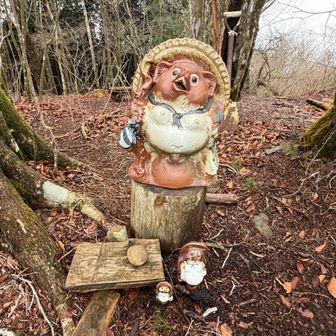 その山頂標識横にタヌキの置物が大小３体も！
富士山本宮浅間大社神主の田貫次郎実長がこの地に隠居した庭園の沼地を「田貫沼」と呼び、その湖畔北側には田貫神社として祀られているらしく、登山口の田貫湖にあやかっての仕業か？