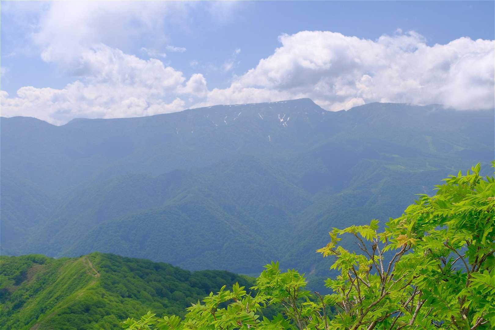 正面に雪の残る苗場山を見ながら下山！