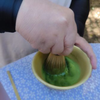 仲間が美味しくお抹茶を点ててくれます。
小さくてふっくらな手が美味しいお抹茶を点てます。
さすが宗匠です。