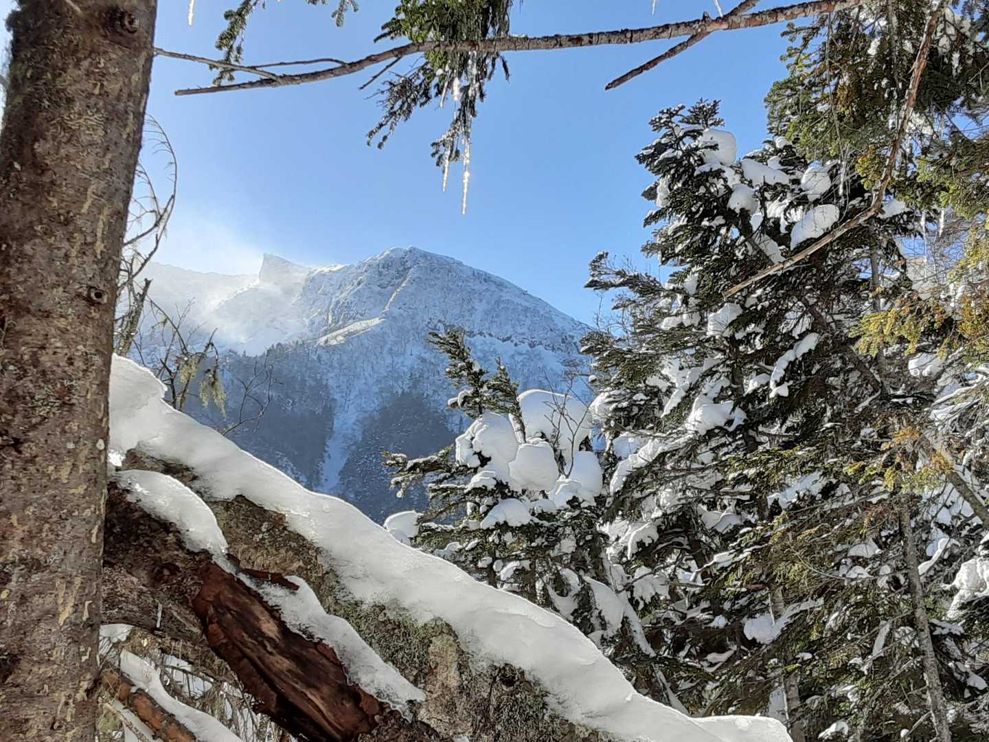 雪煙の立つ硫黄岳。すれ違う先行者から硫黄は風が強すぎて厳しいかも、とアドバイス。