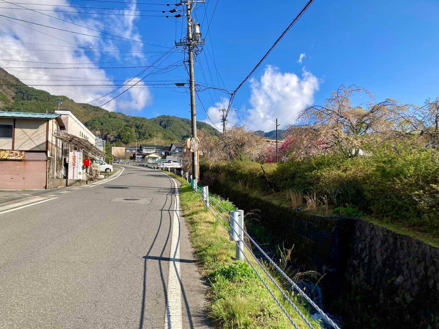 🅿️を出て右上に。車道を登って行きます。