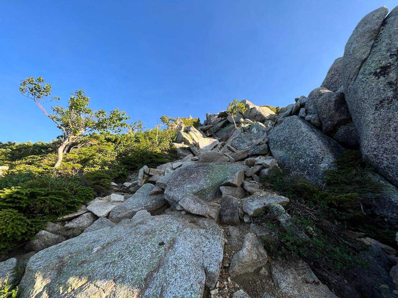 前常念岳に取り付く！ここから常念岳までは登山道はなく、岩場に微かにつけられたマーキングやピンテを探しながら登り続ける。まるでバリエーションルートだね！
とにかくルーファイしながら岩にしがみつき高度を上げるしか無いようだ。
