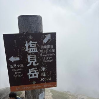指写ってますが塩見岳東峰へ戻って来れました。