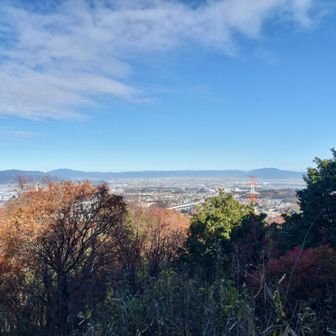 途中の展望台から京都方面。
左の方の一番高いところが愛宕山、右の高いところが比叡山