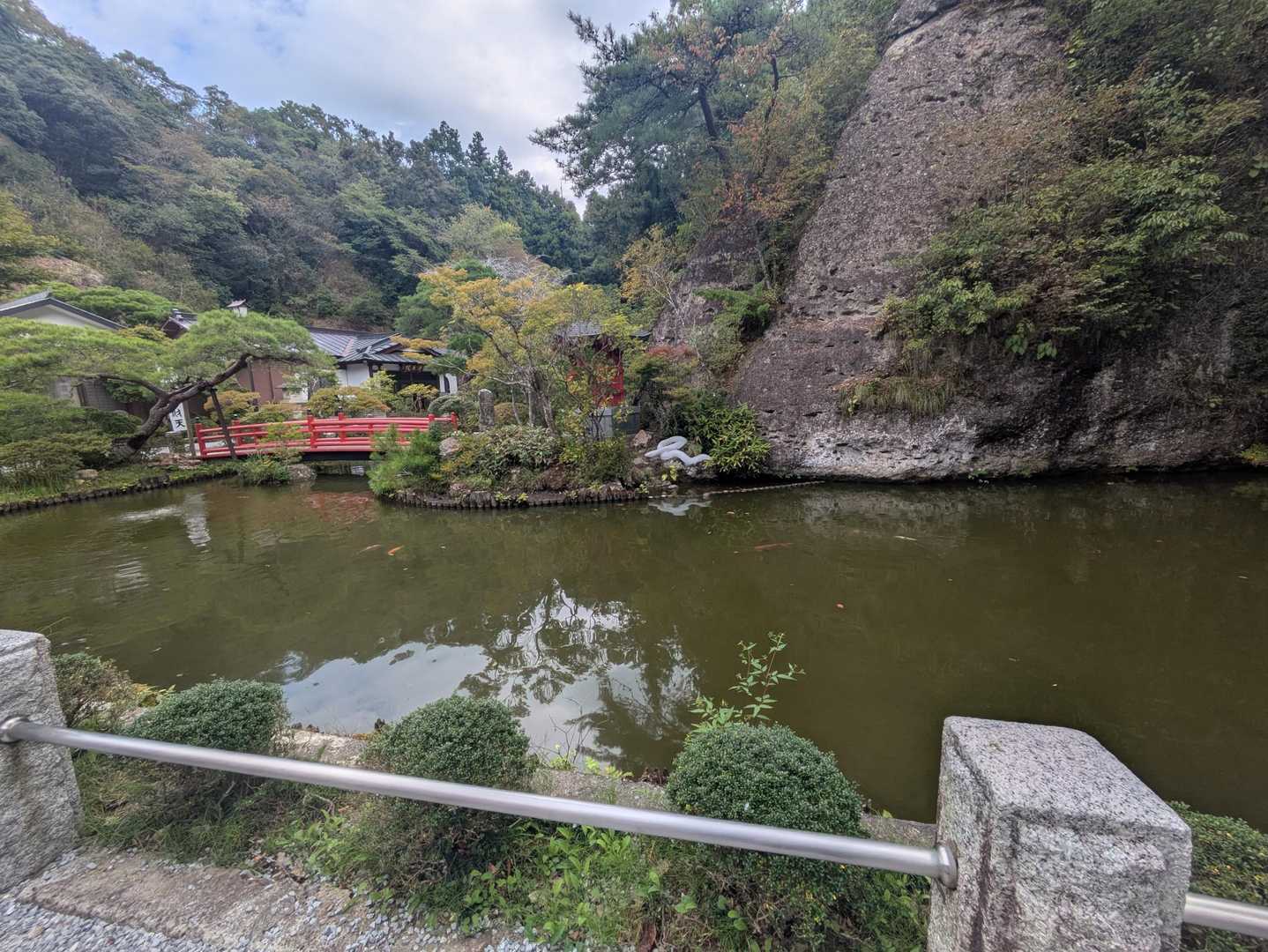池の向こうに弁天堂。あの白いのは‥