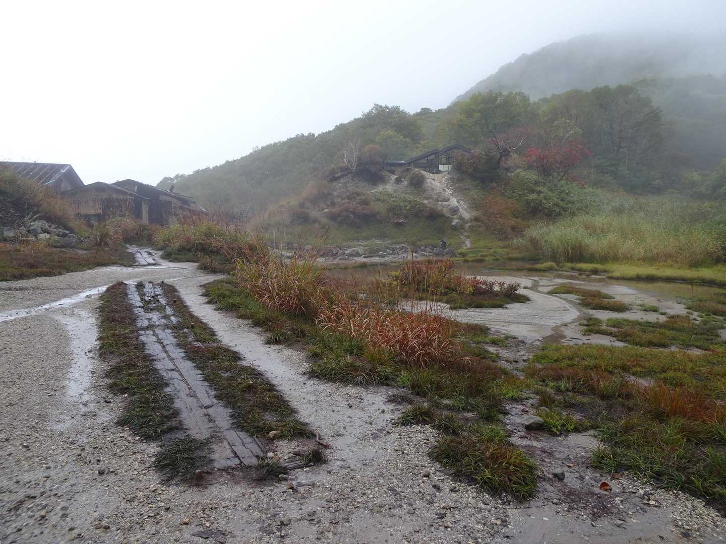 温泉の跡地、中ノ湯に到着～
1990年代後半に営業を終了してしまったようですね
「あったかい？（二度目）」
『…つめたい笑、あっ、こっちはちょっとあったかい』
「お～！ほんとだ！」
木道付近のこぽこぽはあったかかったです。でも夏場でギリギリ足湯出来るかな～くらいの温度？笑