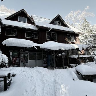 青苔荘(せいたいそう)に到着。夏は苔が綺麗で有名らしい。白駒池の辺りの山小屋。テントサイト⛺️は一張り2000円。