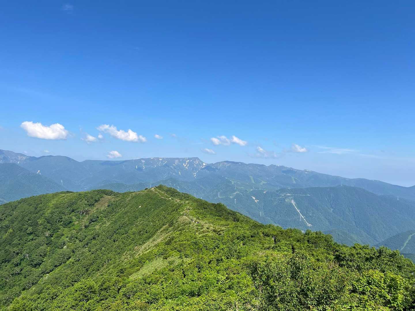 何度も振り返ります
奥に平らな苗場山が見えます