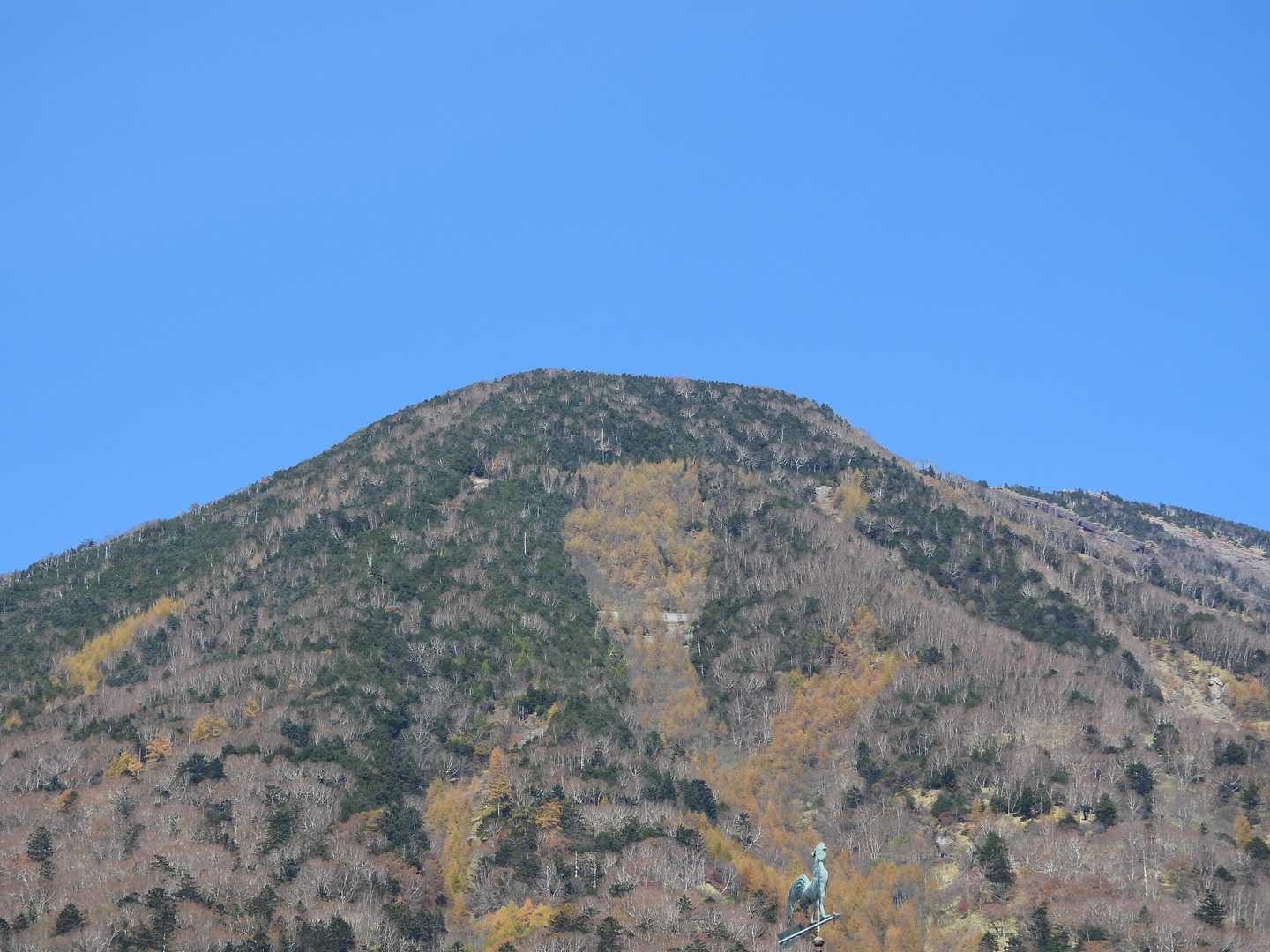 今日は中禅寺湖畔の県営駐車場から出発。青空に男体山