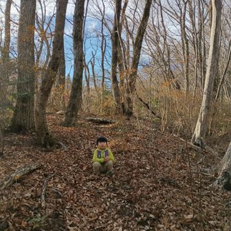 落ち葉斜面で最後の休憩。450mアップでしたが、体力が付いてきたのか今日は最後まで元気でした。やっぱりおやつパワーかな。