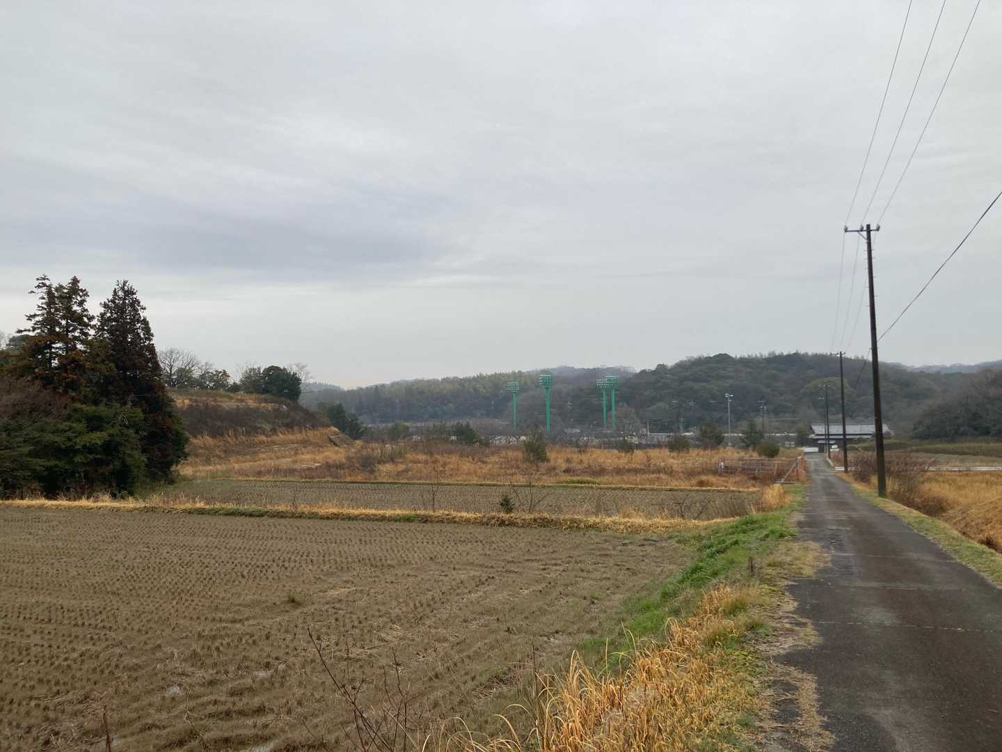 田んぼの奥に野球のグランドがあります