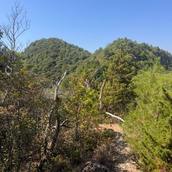 東峰からの帰り道　西峰と主峰が見えます