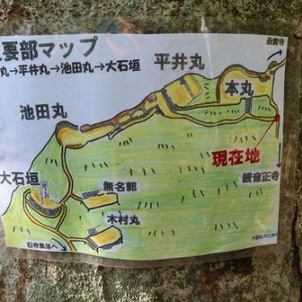 絵地図のアップ　写真を撮ってこれを見ながら歩くと良いです
現在地→本丸→平井丸→池田丸→さらに下ると大石垣の上部に出ます
