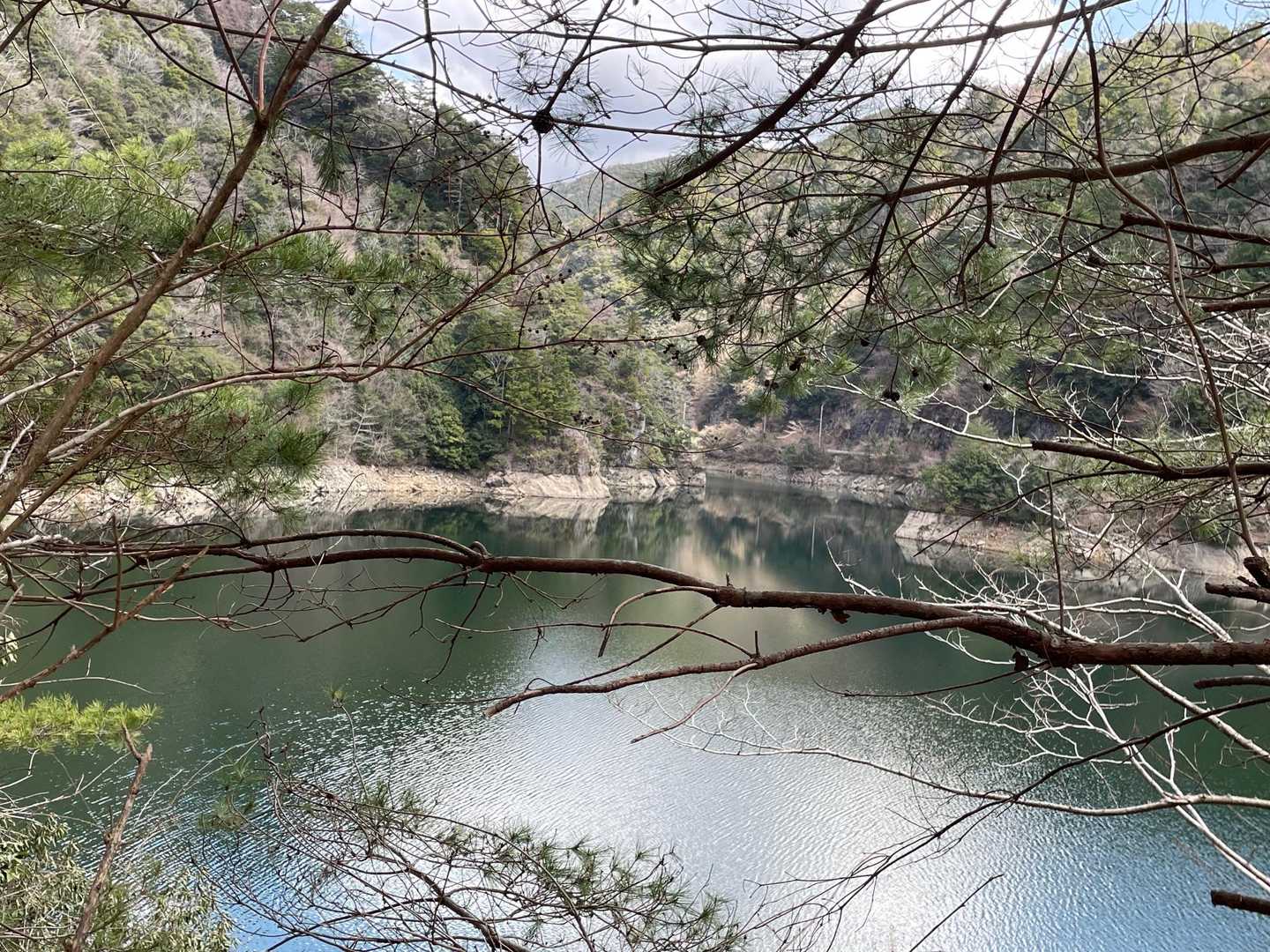 ダム湖岸の白き岩が素敵です。