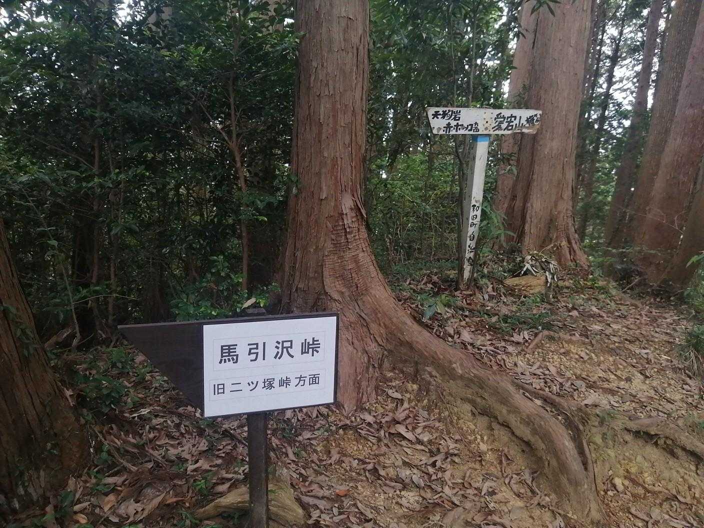 真新しい道標。ここが馬引沢峠ということではなく、木の形をよく見ると、左方面への矢印になっています。
後ろには同じ方向を示す地名が天狗岩、赤ぼっことなっています。

立てる自治体や年代によって、示す地名がまちまちなのは道標アルアルですけれど、少し迷いますよね！