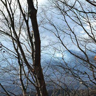 明王峠過ぎた稜線から、扇山の山火事の煙が
