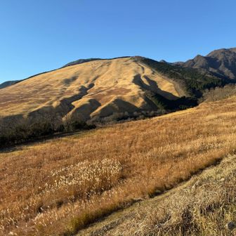 真ん中向こう側に今日の目的地鶴見岳山頂