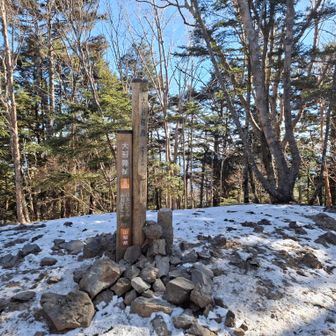 大菩薩嶺山頂。ここで稜線歩きに備えてフリース、ネックウォーマー追加。ペットボトルのお茶が凍ってた。