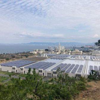 博多湾。西部水処理センター。こんなところに太陽光パネルが。