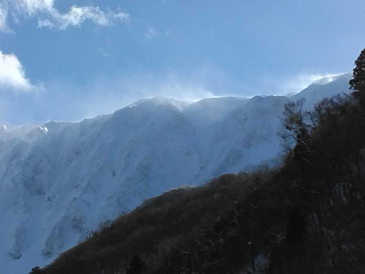 山頂稜線は雪煙が舞っています。