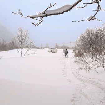 駐車場到着🏁
下山の道のりも湿った雪がざんざん降ってきて
シェルやザックやグローブびちゃびちゃ☔️

私の栗駒山は途中撤退がスタンダード◎
雪山！銀世界！スノーシュー！
満喫して楽しかったなー🎶