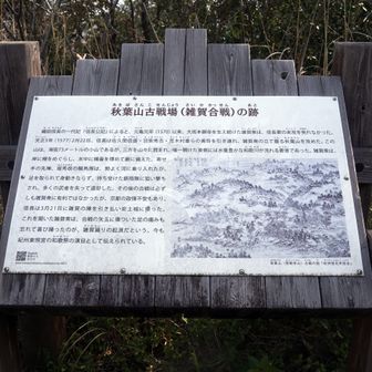 秋葉山 山頂(弥勒寺山城跡)
雑賀孫市が織田信長と戦うため、天正5(1577)年に築いた砦
雑賀孫市は「雑賀城」より、雑賀全体を見渡すことができる「弥勒寺山城」を本拠としていた

天正5(1577)年、織田信長の嫡男「織田信忠」率いる約100,000の軍勢は、海沿いと山沿いの2手に分かれて雑賀城へ進軍。対する雑賀衆の棟梁「鈴木孫一」は、手勢わずか2,000人
勝負は目に見えているはずだったが、鈴木孫一は巧みなゲリラ戦を仕掛けて織田軍を翻弄した。対陣した和歌川にあらかじめ逆茂木などを沈めておき、川を渡る織田軍を足止めすると、鉄砲部隊でいっせいに狙撃
織田軍は多大な損害を受けて退却を余儀なくされます。以降も地の利を活かしたゲリラ戦を展開されたことで、織田軍は絶対に避けたかった長期戦へと引きずり込まれてしまったのでした。見かねた織田信長は、制圧を諦めて懐柔策に切り替える
鈴木孫一らに停戦を持ちかけて条件付きで服従を約束させ、辛うじて体面を保ったのであった。しかし、織田軍が撤退した約半年後、鈴木孫一は早くも反旗を翻し、第二次雑賀合戦が勃発。雑賀衆は、ここでも約80,000の織田軍相手にゲリラ戦で対抗し、再び織田軍を退けた
結局、織田信長は最後まで雑賀衆を討つことができないまま、石山合戦が終結

紀州征伐の達成は「本能寺の変」の3年後、「羽柴秀吉」の時代まで持ち越された