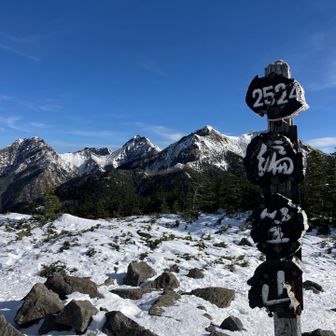 編笠山山頂から
阿弥陀岳、中岳、奥に横岳、赤岳、そしてギボシ、権現岳は標識の後ろ