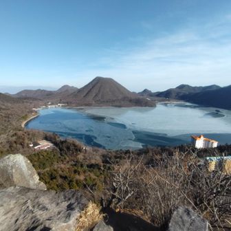 ばんざ～い🙌
硯岩到着😆
榛名富士が午後の陽射しに照らされキレイ✨
氷の具合はどうなんでしょう？ワカサギ釣りが出来るくらい凍るんでしたっけ？