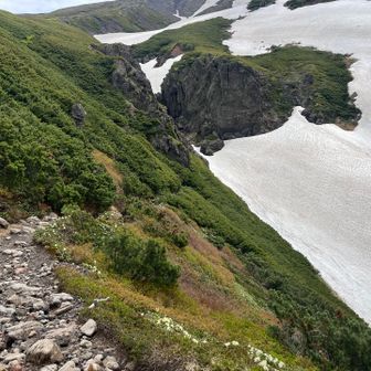 残雪が斜面に残す模様を楽しみつつ、高度を下げ……