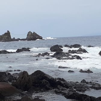 三ツ石が見えました。
前回ごろごろ岩に懲りたので、もう渡りません。
ま、渡ろうとしても今日は海に阻まれてますが…