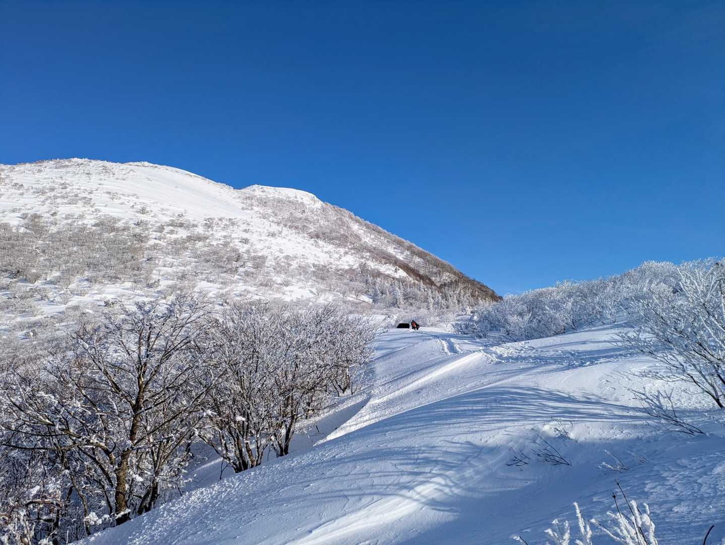 ようやく夏期の登山口駐車場が遠くに見えてきました
真っ白
