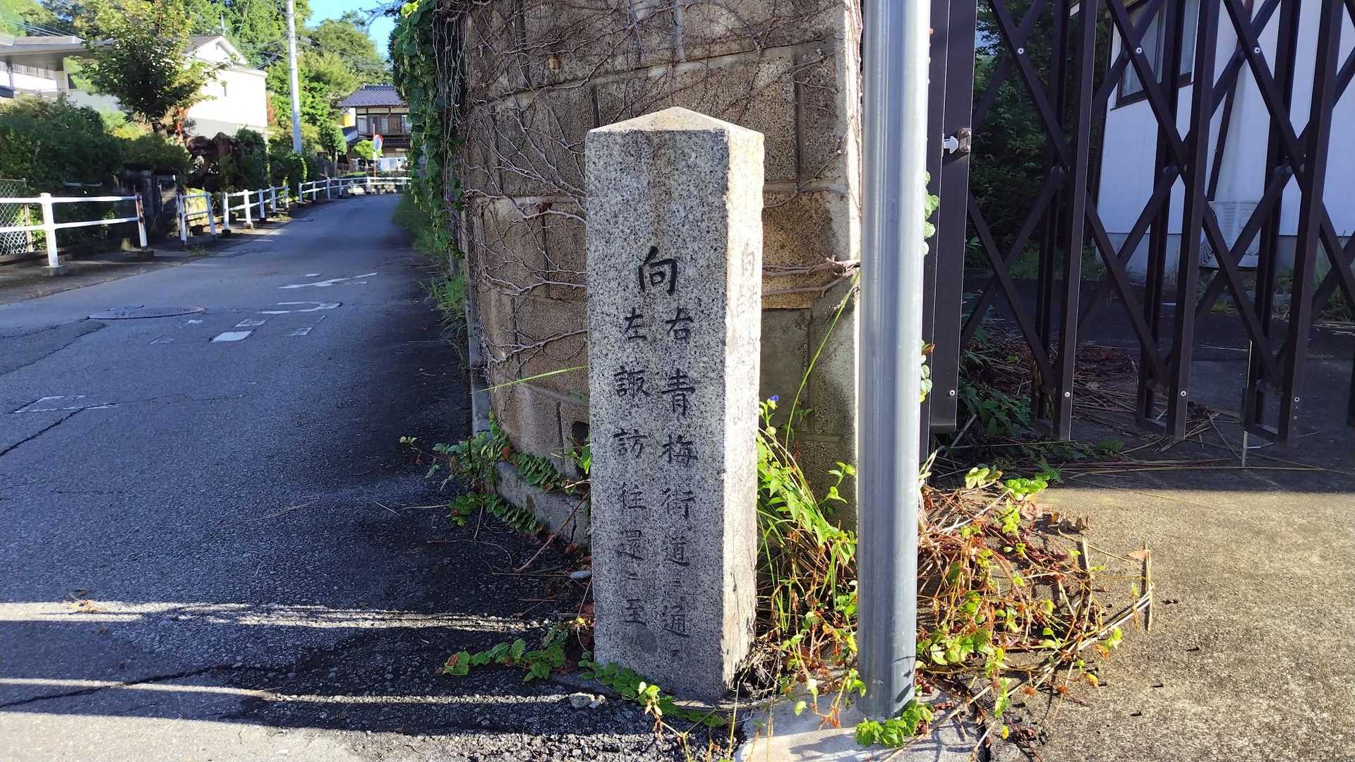「右：青梅街道　左：諏訪往還」
先日歩いた中山道は諏訪往還と合流するのよね。
お～、つながった！