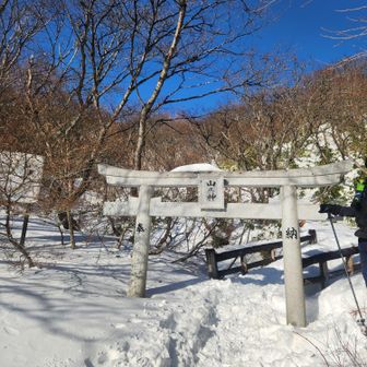 半分埋もれた鳥居をくぐる