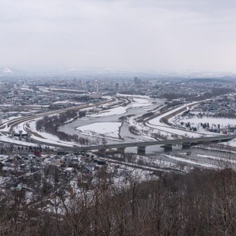 山頂から旭岳の街とオサラッペ川