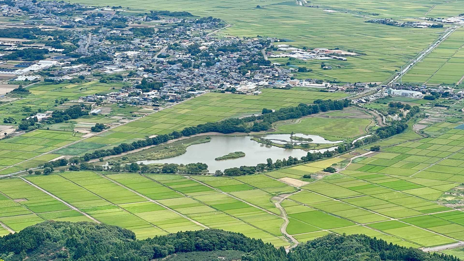 上堰潟公園はくっきりはっきり。周りはグリーングリーン。今はヒマワリ🌻が満開で見頃とのこと。