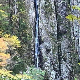 仙人くらのテラスに着きました
目の前に双門の滝
写真では感動が伝わらないなぁ
水量が多いわけではないんだけど、岩の絶壁の隙間を縫うように流れ落ちる様は、他に見ない滝だと思います