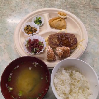 晩ごはん
ハンバーグと唐揚げ食べられないので、お隣の席のお兄ちゃんとおじさまに貰ってもらった(笑)結局、巾着もお肉入っていて食べられず（爆）今度からは素泊まりでよいや💦