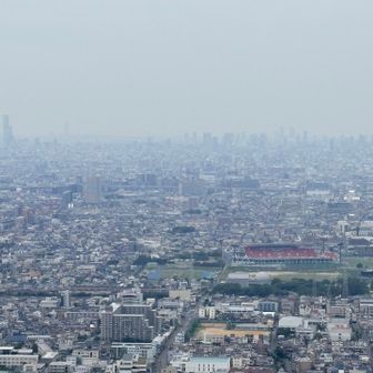 ラグビーの聖地花園。と、左側はあべのハルカス。