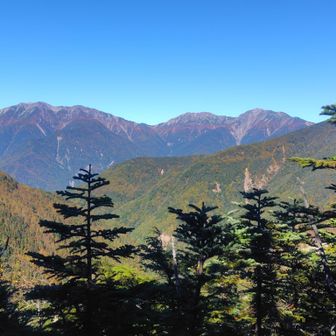 昨日歩いた山々を眺めながら